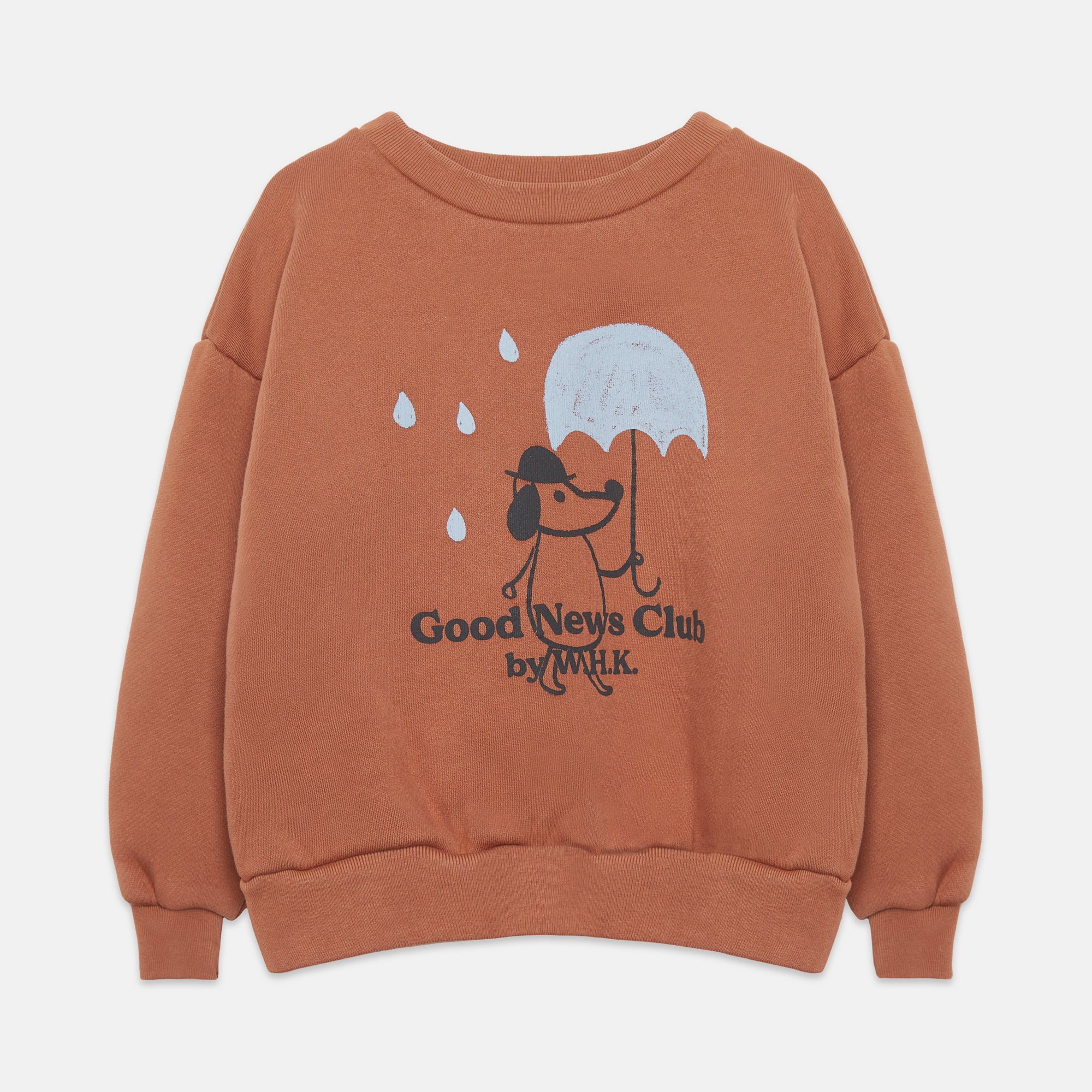 Sudadera marrón estampado muñeco y lluvia