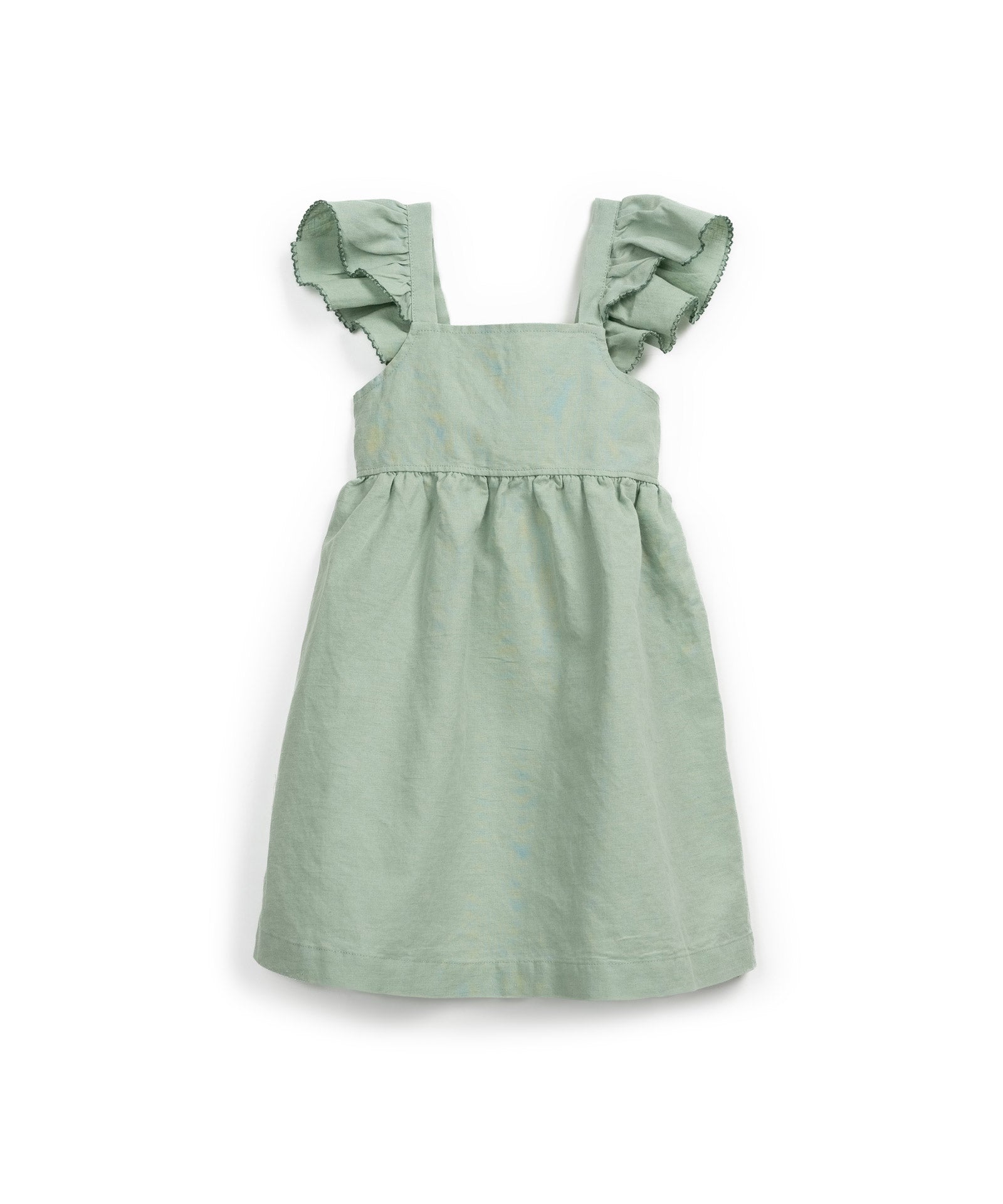 Vestido verde de algodón y lino con volantes