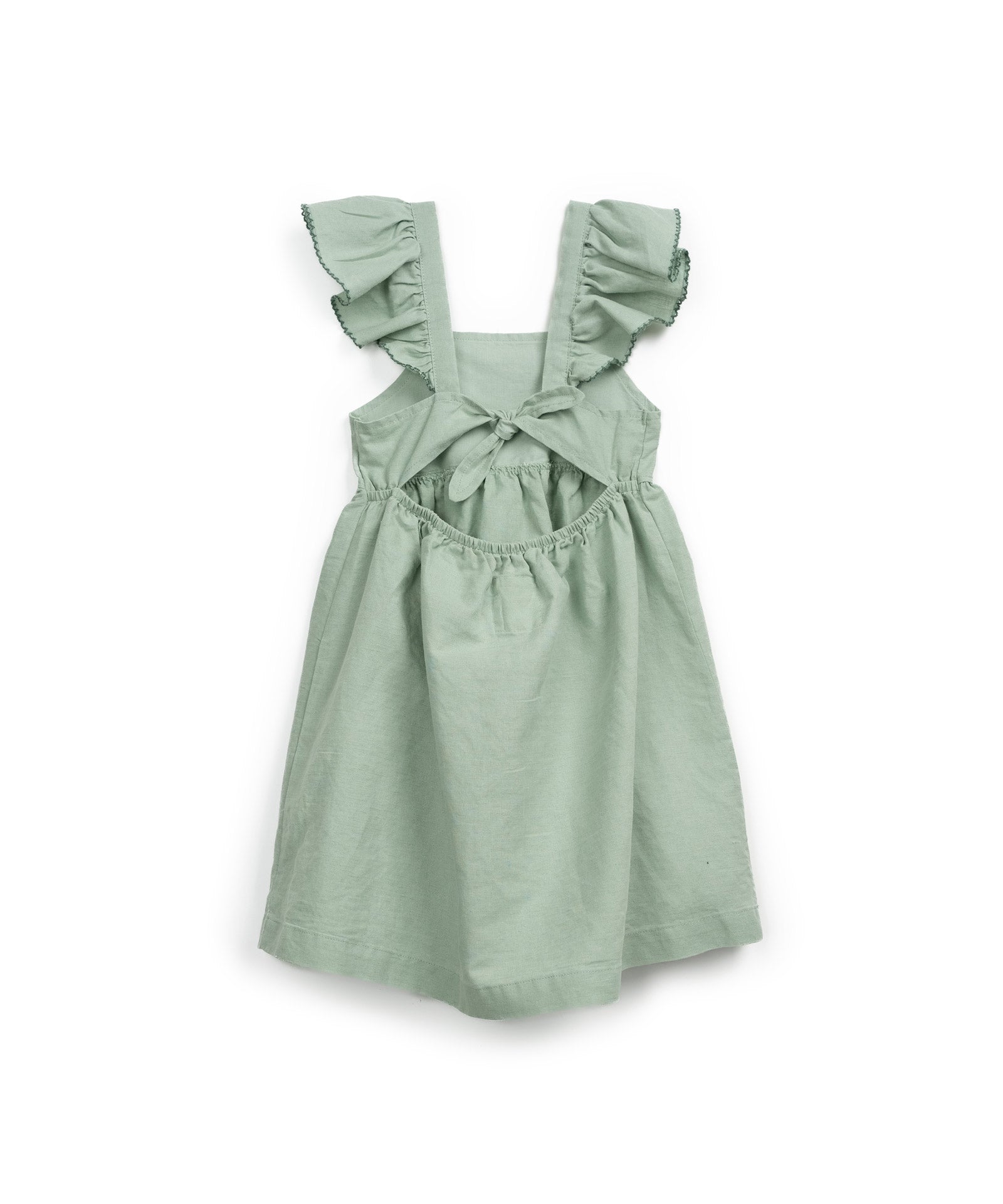 Vestido verde de algodón y lino con volantes