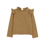 Camiseta manga larga canalé y volante ocre