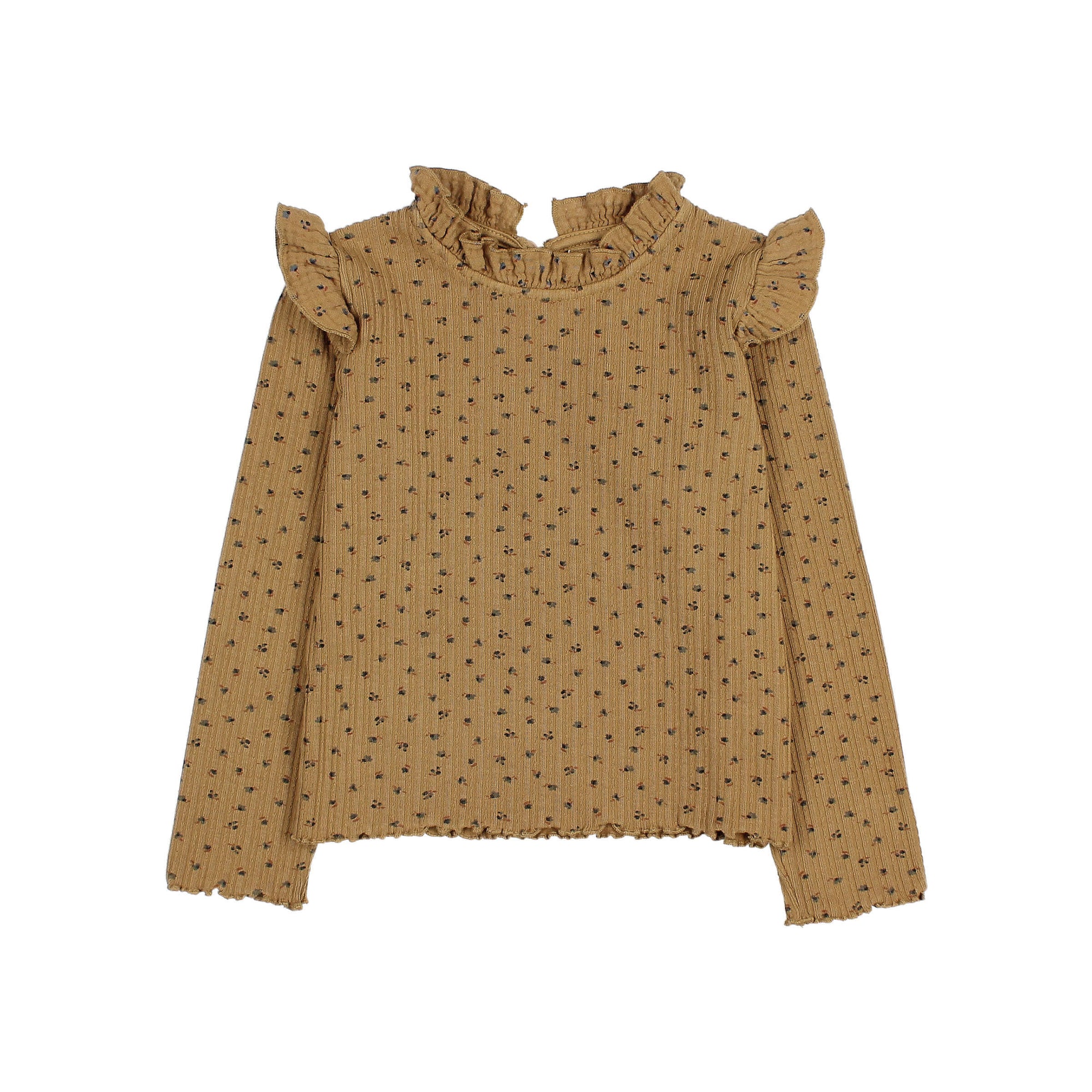 Camiseta manga larga canalé y volante ocre