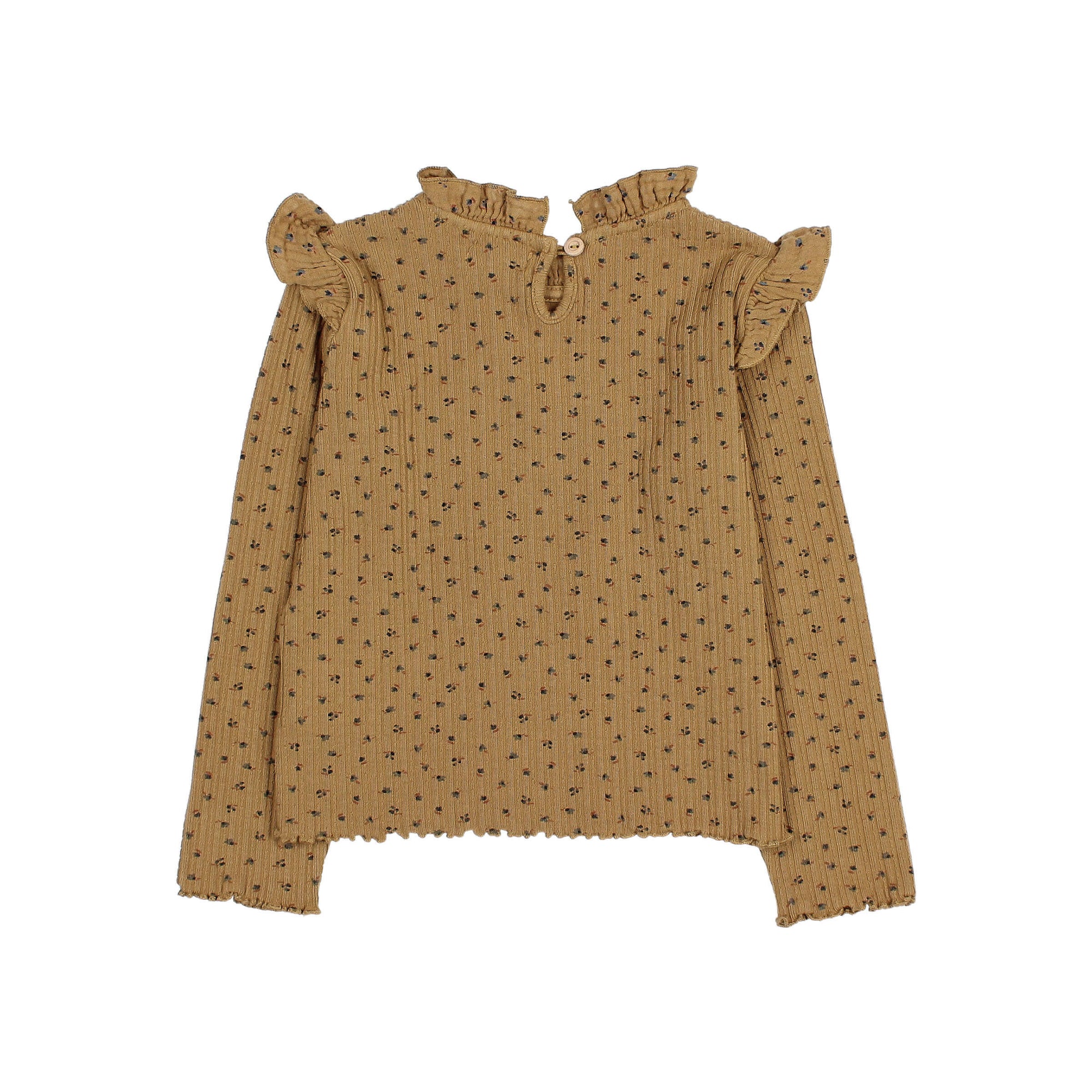 Camiseta manga larga canalé y volante ocre