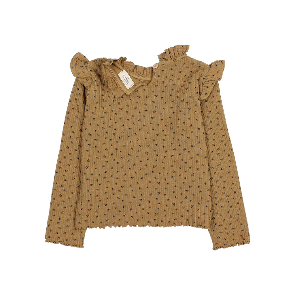 Camiseta manga larga canalé y volante ocre