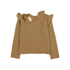 Camiseta manga larga canalé y volante ocre