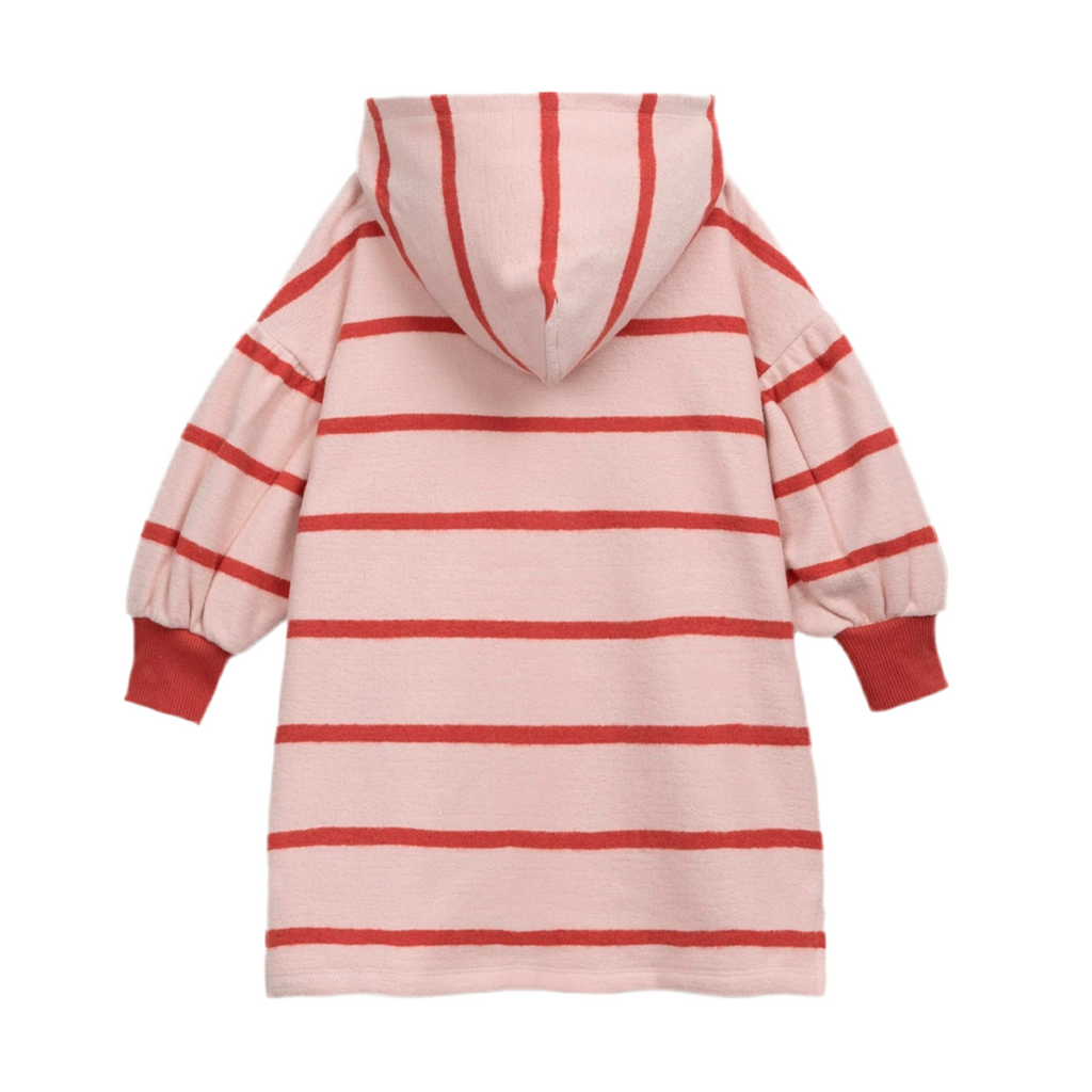 Vestido de rayas roja y rosa con capucha