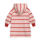 Vestido de rayas roja y rosa con capucha