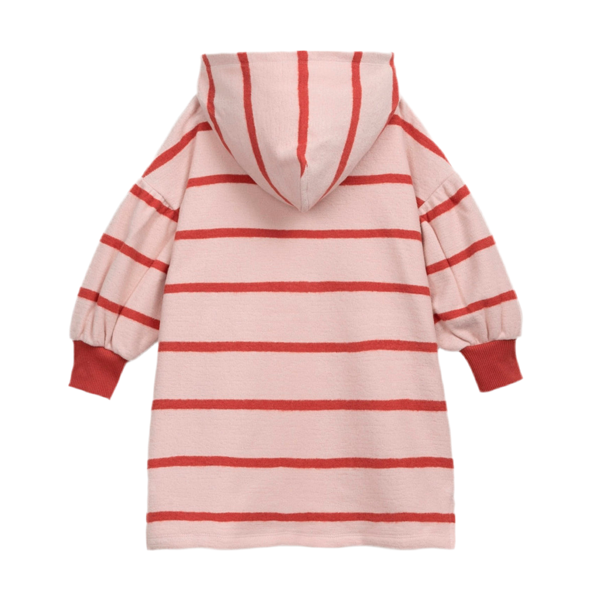 Vestido de rayas roja y rosa con capucha