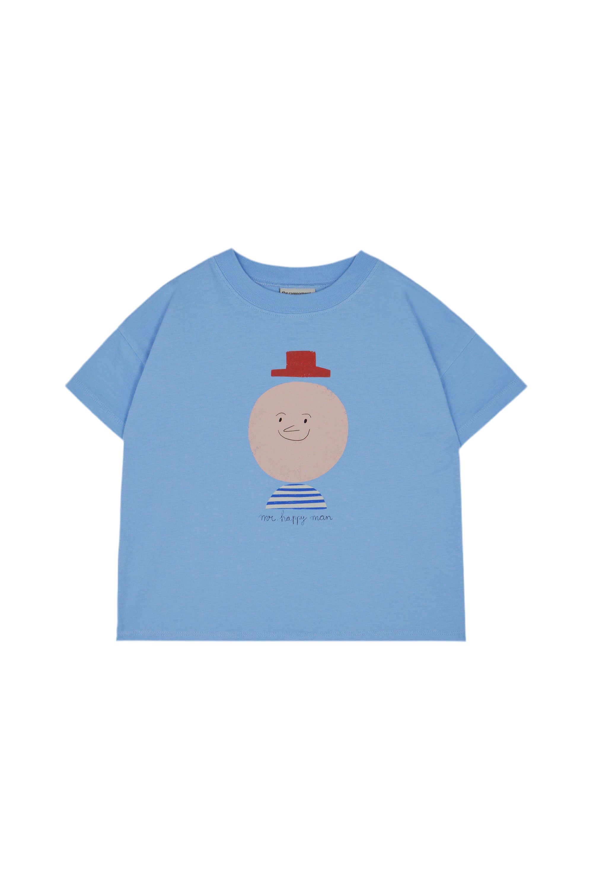 Camiseta manga corta azul con un personaje divertido en medio 