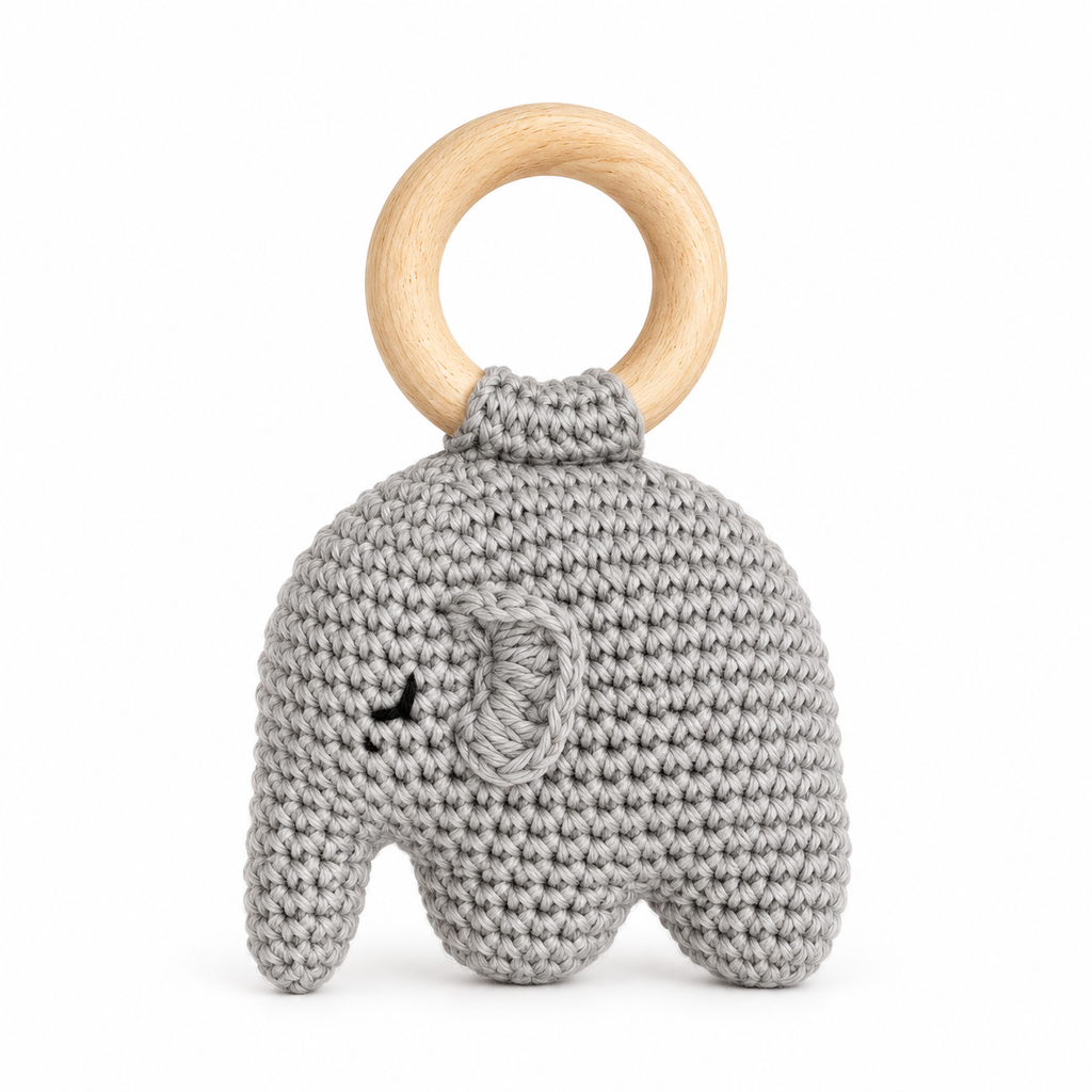 Sonajero elefante de crochet MONPETIT gris con aro de madera