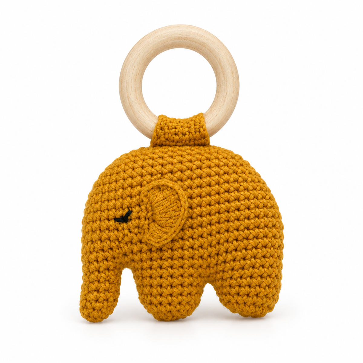 Sonajero elefante de crochet MONPETIT mostaza con aro de madera